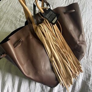 Brown Leather Tote Bag with Fringe
